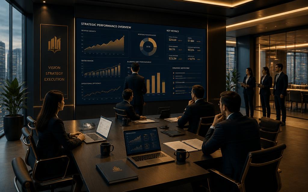 Equipe acompanhando um painel de desempenho estratégico