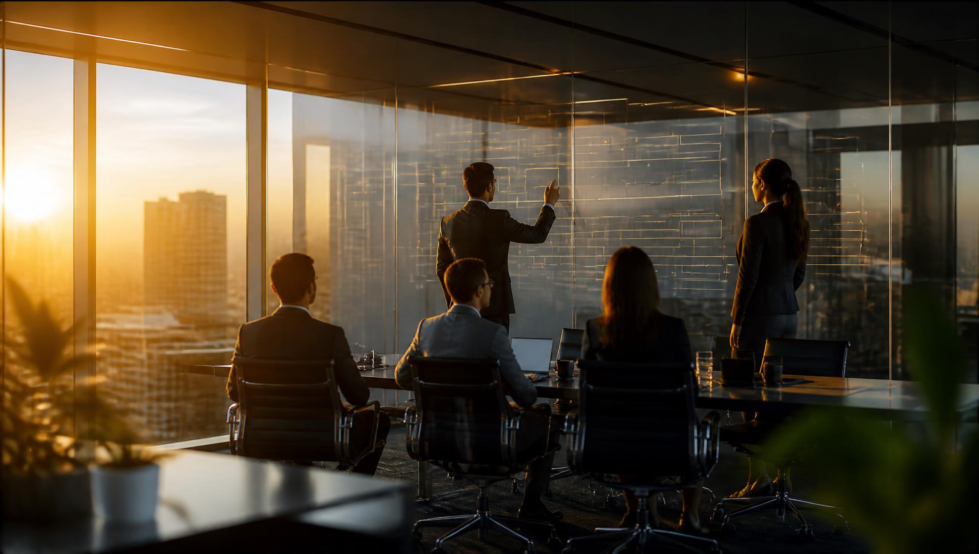 Equipe executiva alinhada em escritório corporativo premium