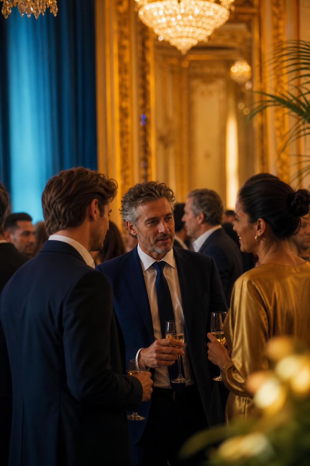 Evento empresarial premium com executivos em um salão elegante