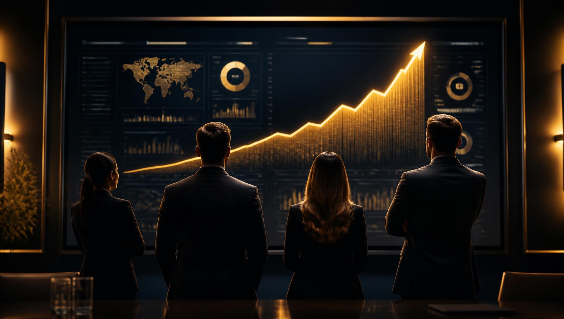 Executivos diante de um painel com curva de crescimento dourada