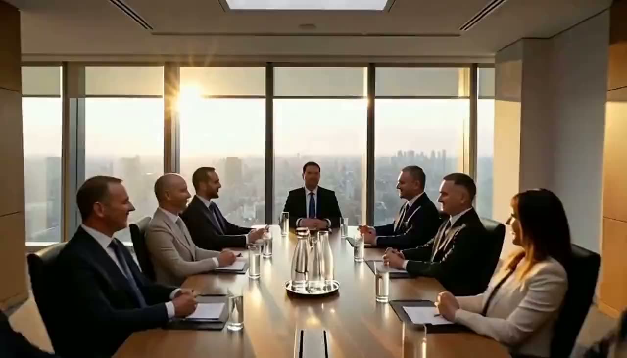 Camera gliding through the boardroom toward a large screen showing a rising five-year performance curve