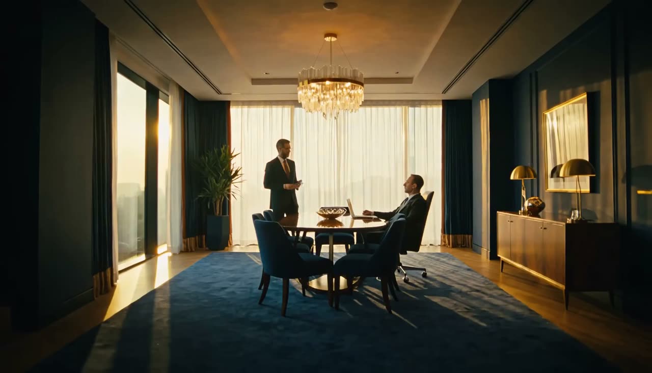 Escritório executivo premium banhado por luz dourada ao entardecer