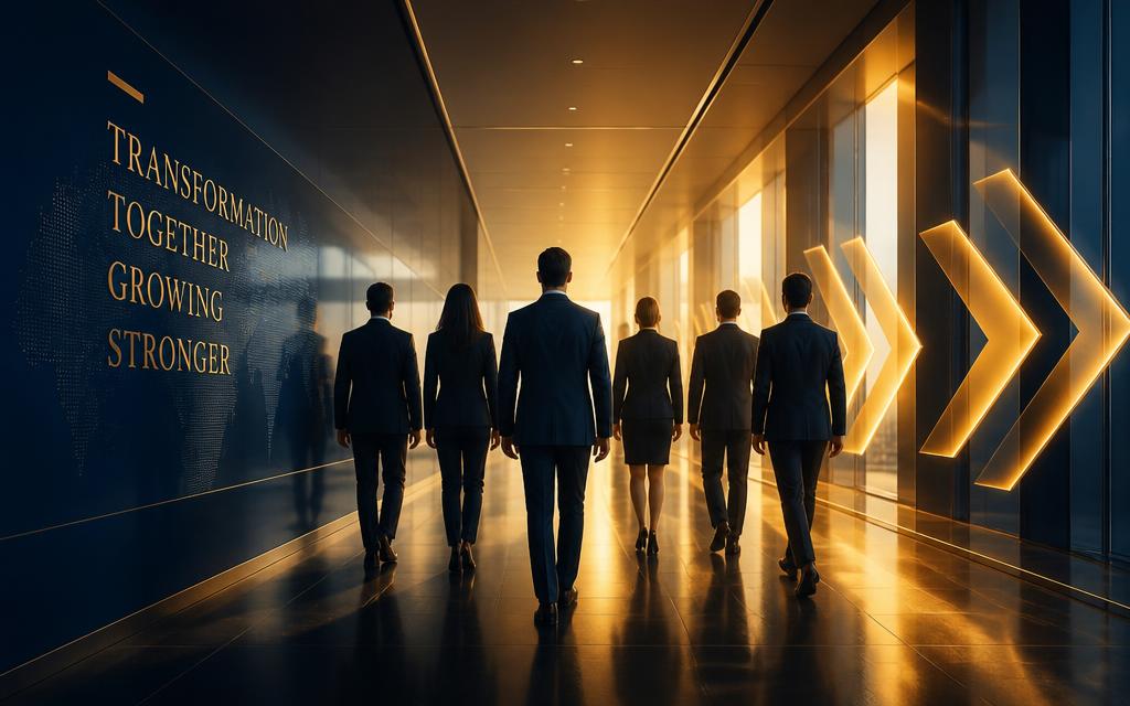 Líder conduzindo uma equipe através de uma transformação corporativa