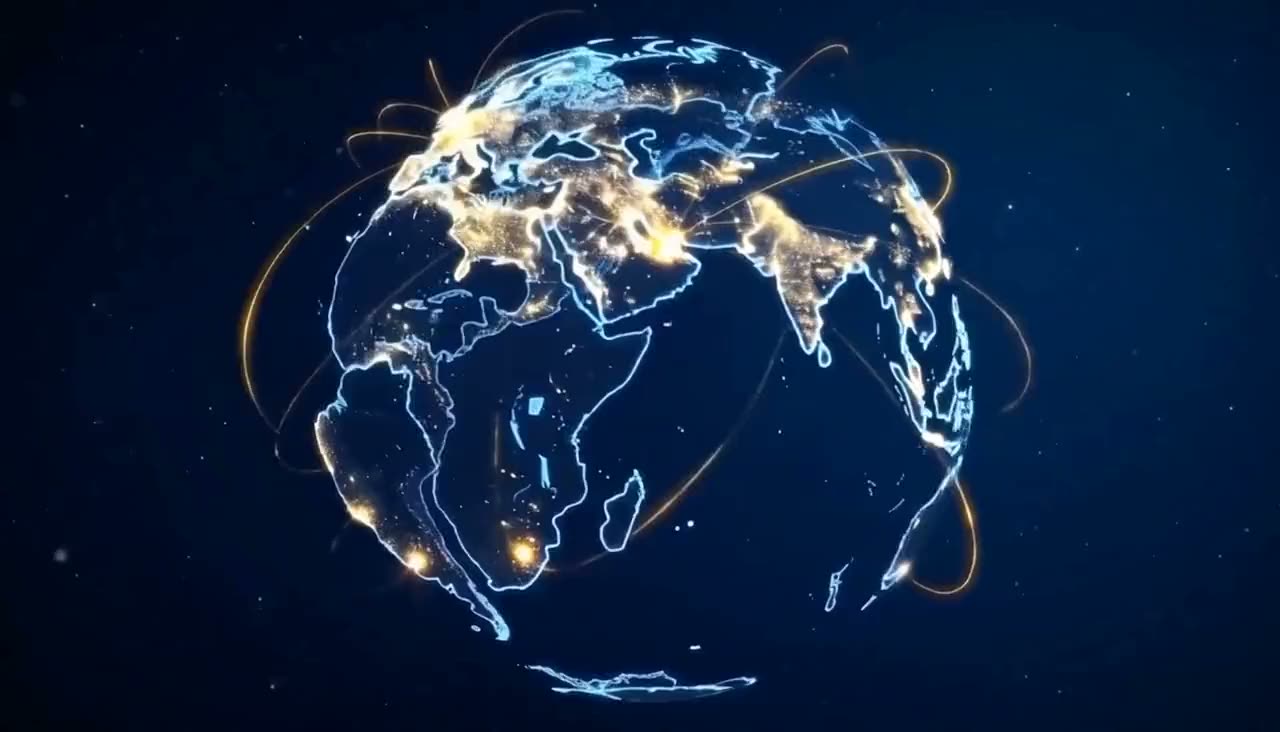 Slowly rotating globe with golden connection lines between Europe and Brazil