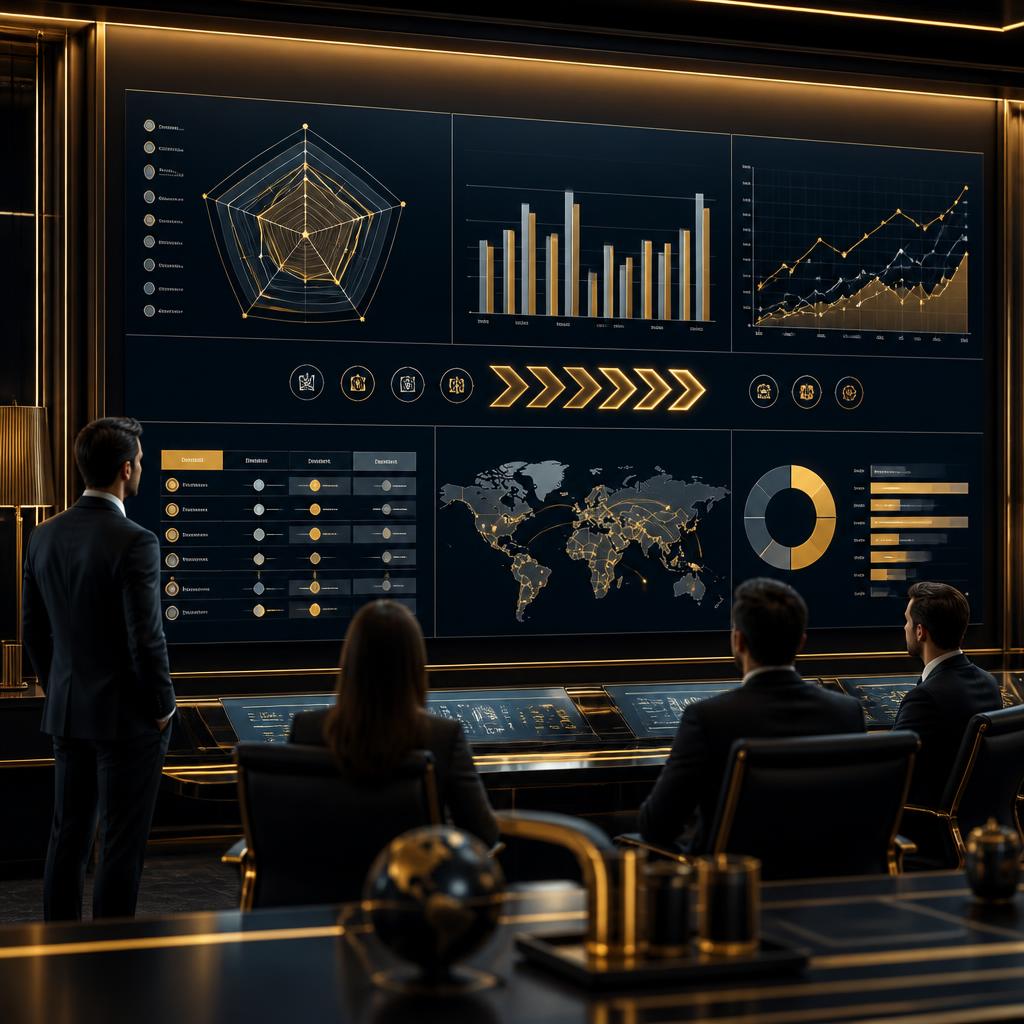 Specialists comparing competitors with benchmarking panels, differentiation arrows, and positioning charts