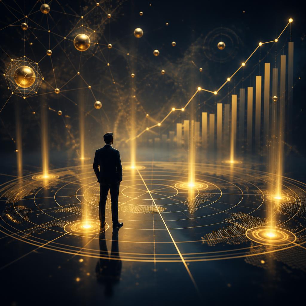 Consultant identifying glowing market niches on a golden radar with growth-potential charts