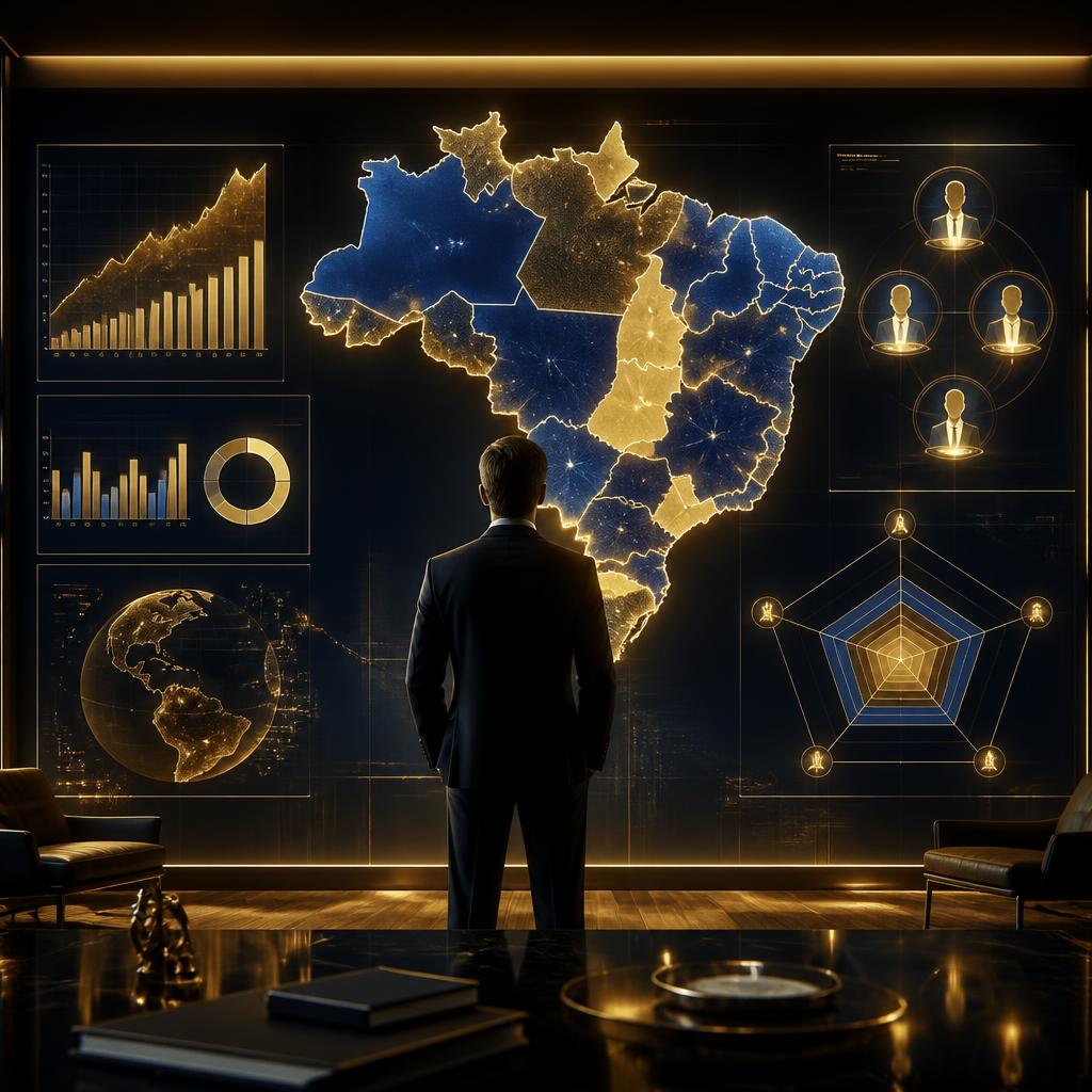 Analyst mapping a Brazilian sector with market-size charts, key players, and entry-barrier radar
