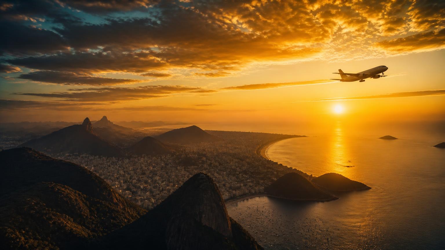 Voo aéreo sobre o litoral brasileiro ao amanhecer, com um avião cruzando o céu dourado rumo ao horizonte