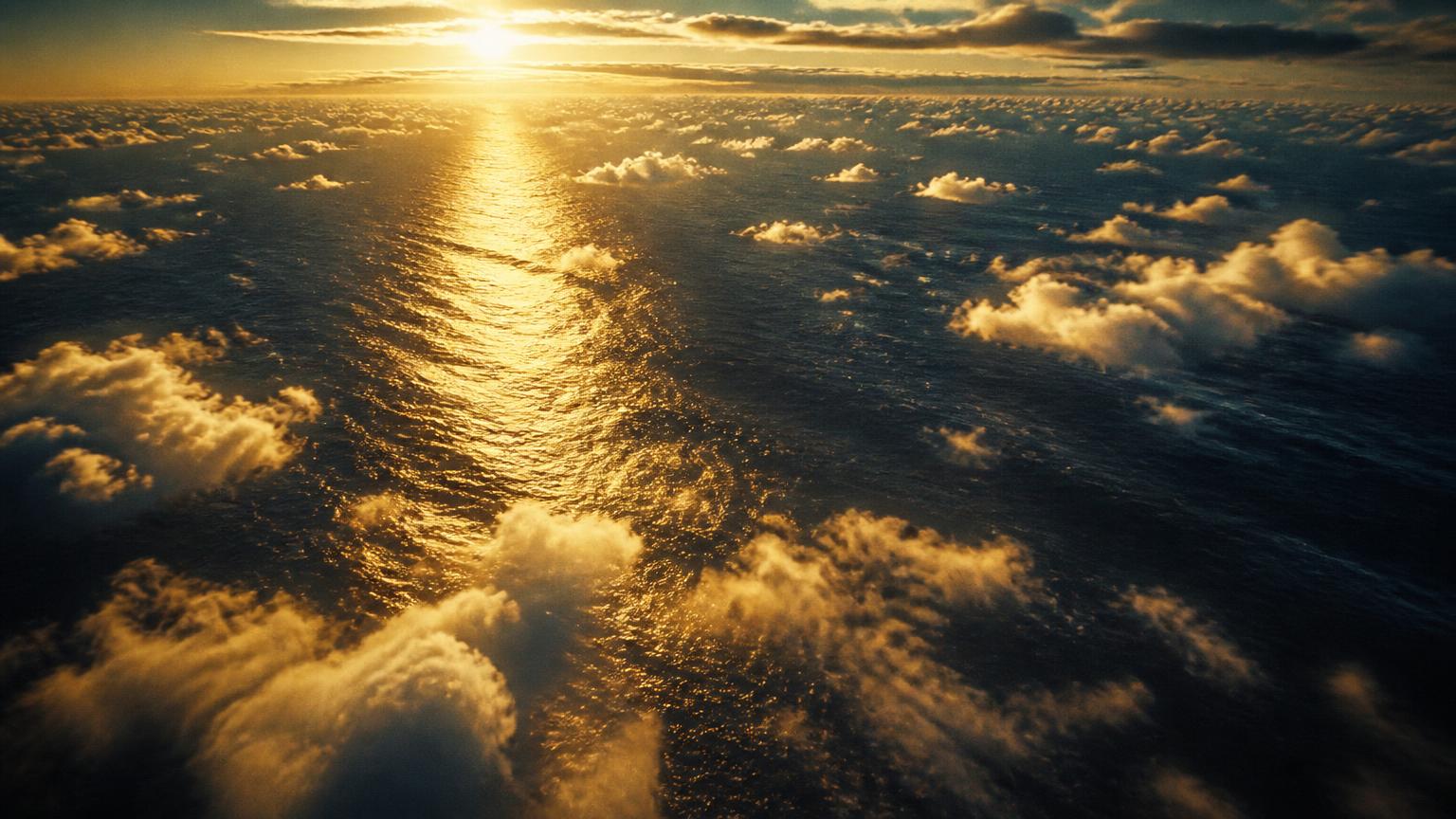 Travessia aérea do oceano Atlântico ao entardecer, com a luz dourada refletindo na água