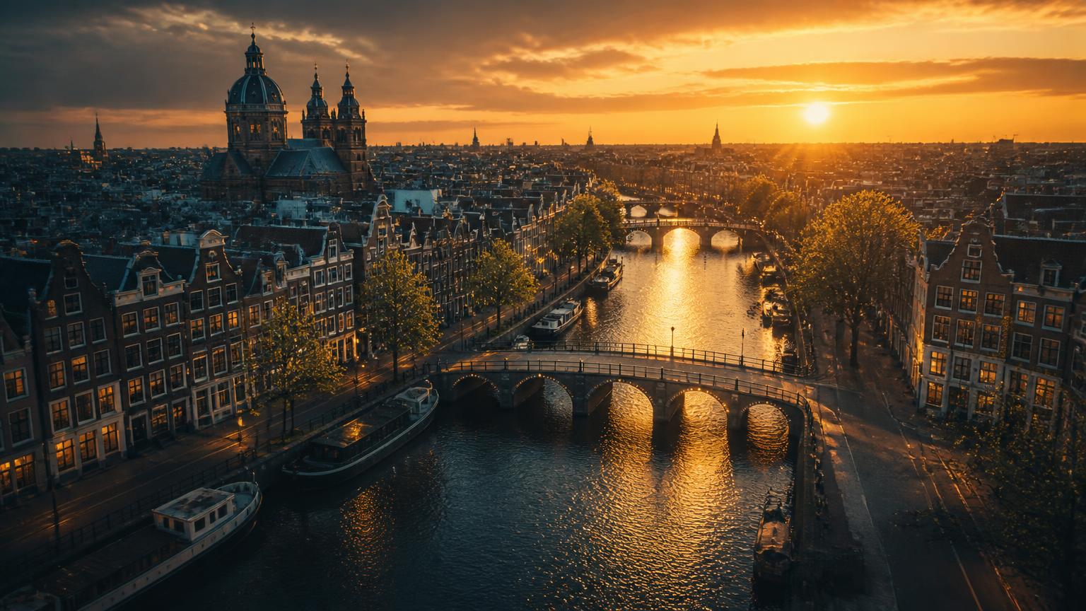 Chegada a Amsterdã ao pôr do sol, com canais históricos, pontes e casas típicas em luz dourada