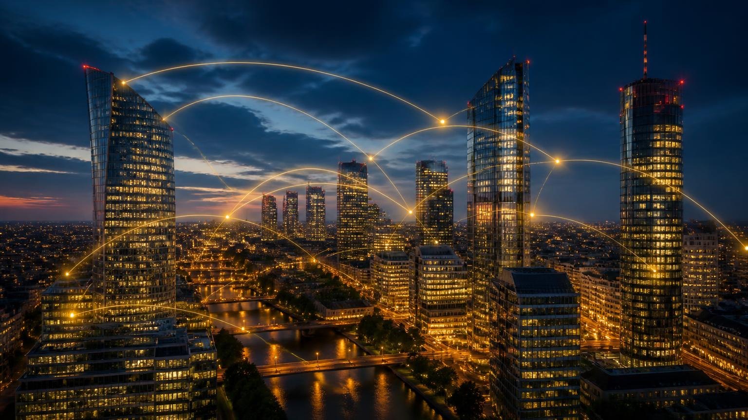 Skyline europeu moderno ao anoitecer, com linhas douradas de luz conectando os edifícios