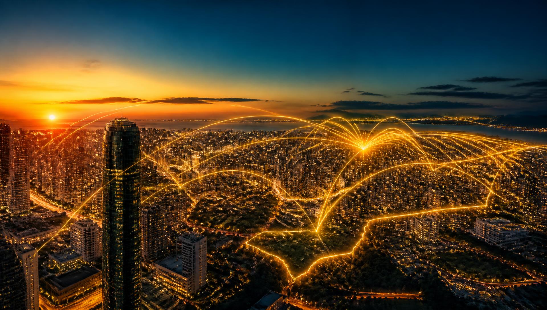 Skyline ao entardecer com linhas douradas conectando continentes