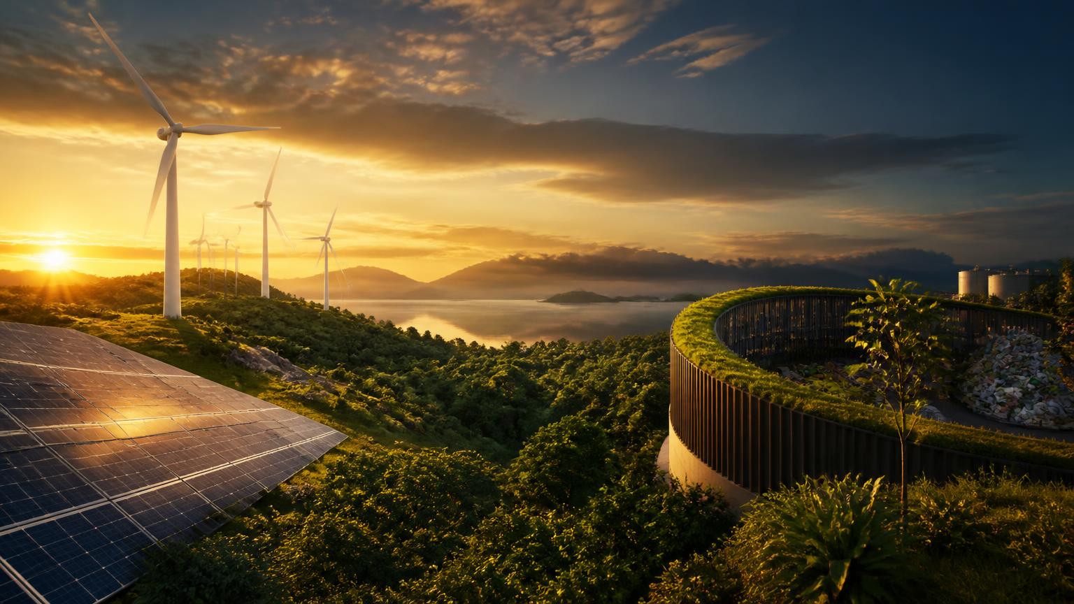 Paisagem de energia renovável com turbinas eólicas ao entardecer