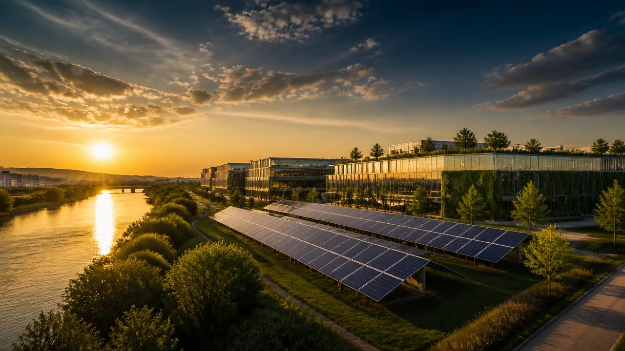 Campus europeu sustentável com painéis solares e telhados verdes ao pôr do sol