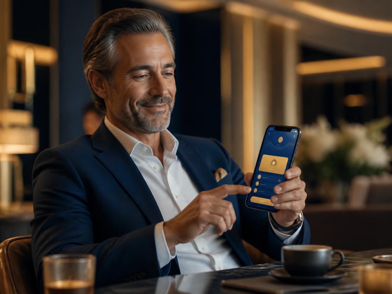 Executive opening a bank account on a smartphone in a premium lounge