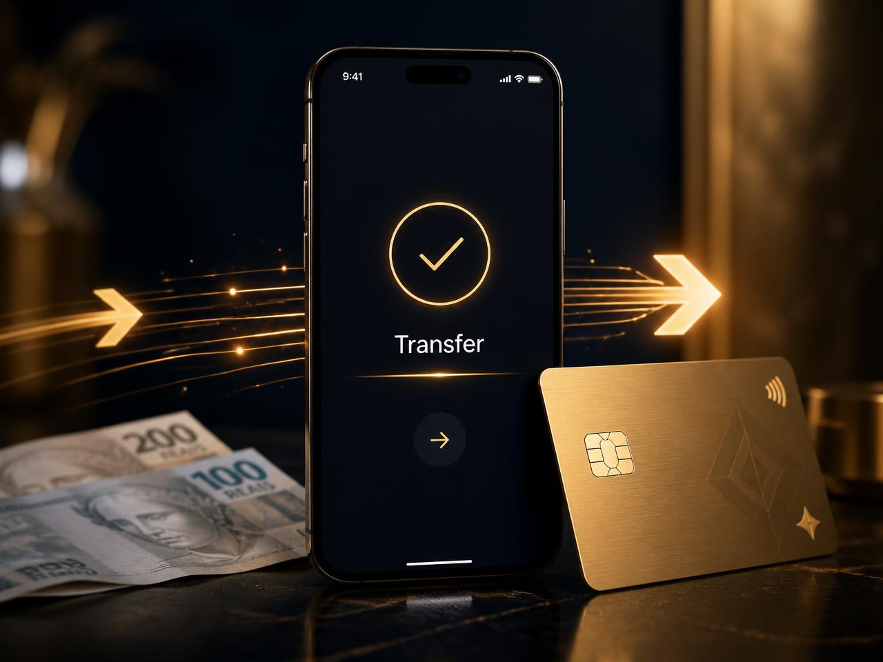Smartphone showing a transfer confirmation beside a golden bank card and Brazilian real notes