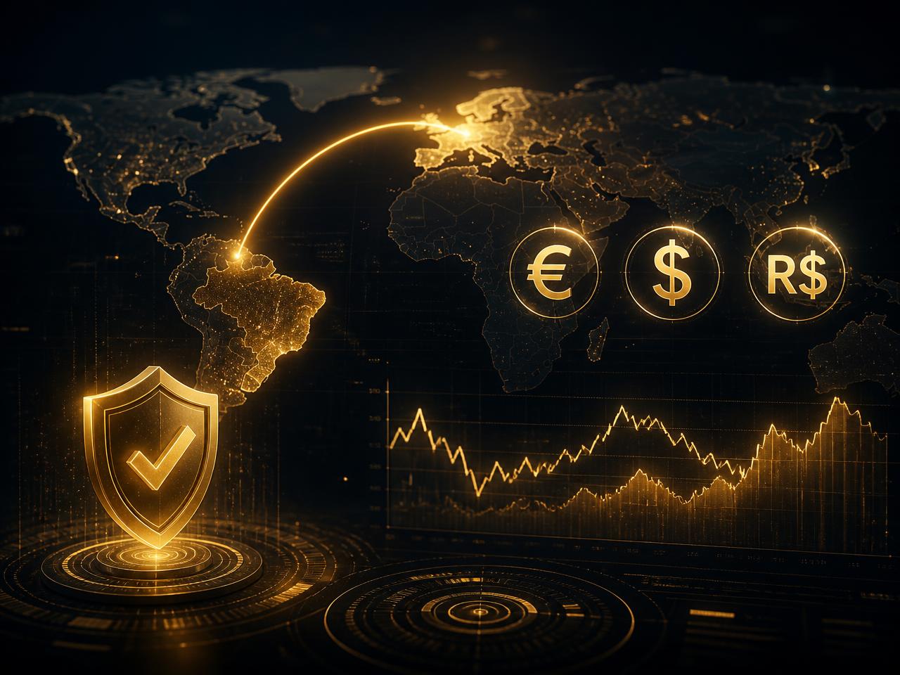 Golden arc connecting Europe and Brazil with euro, dollar and real symbols and a compliance shield