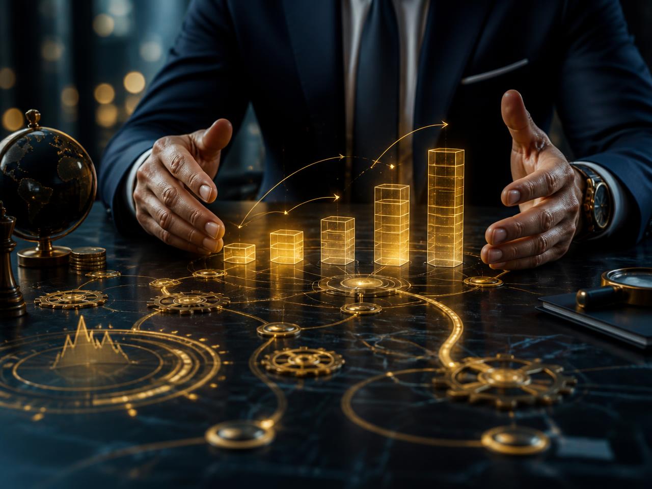 Executive planning staged fund conversion over a golden holographic strategy chart