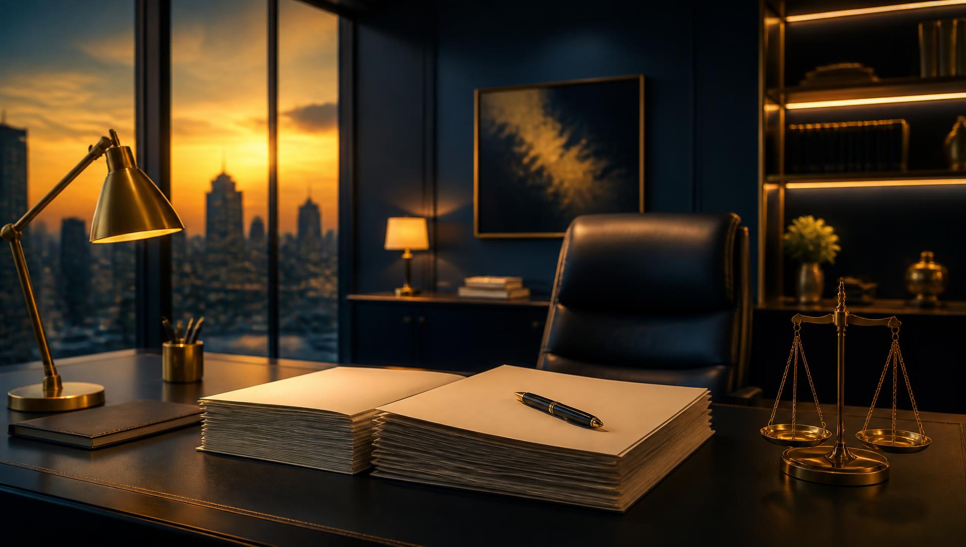 Escritório jurídico e contábil premium ao entardecer, com contratos e luz dourada