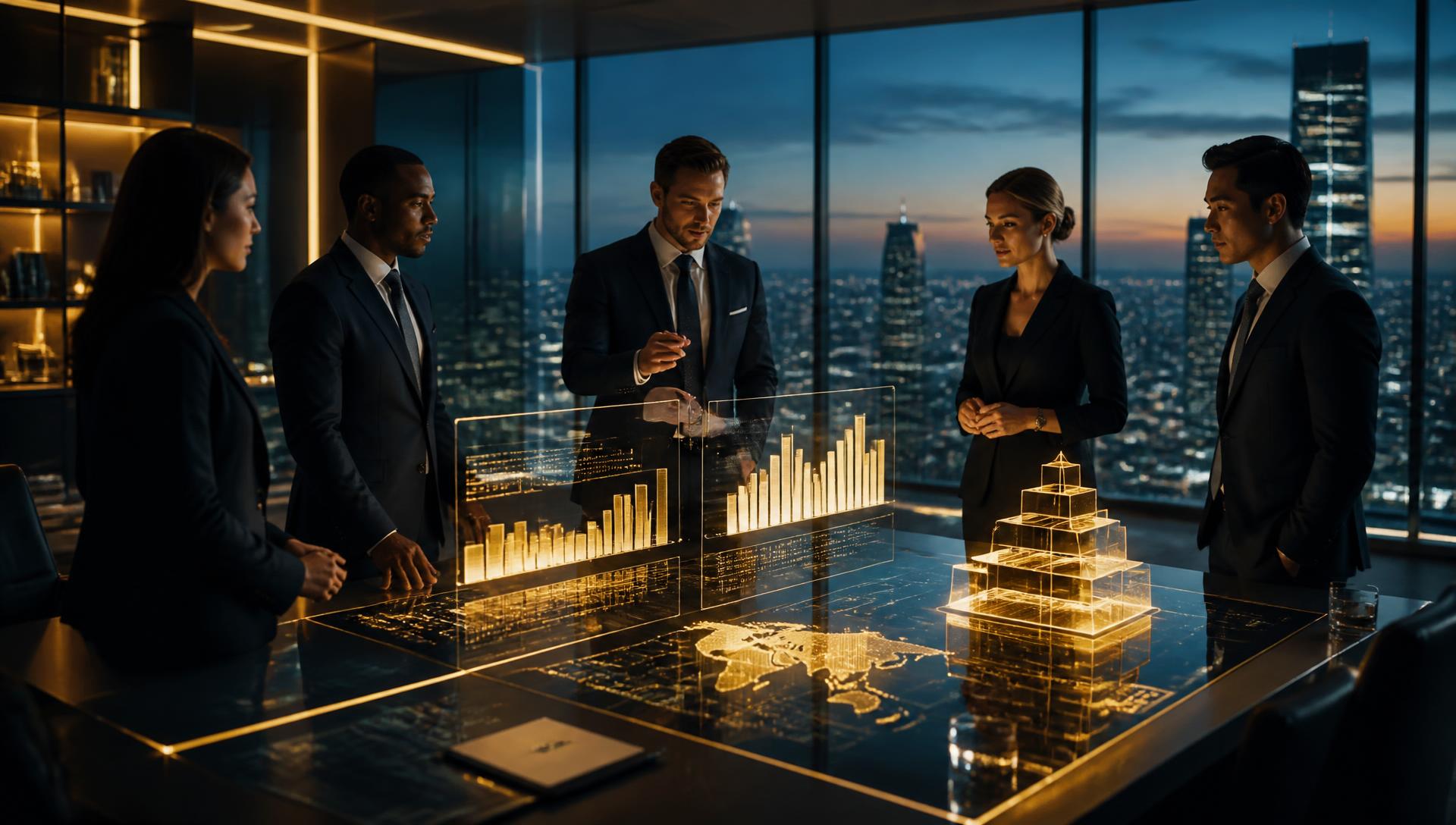 Executivos analisando relatórios financeiros detalhados em sala de reuniões