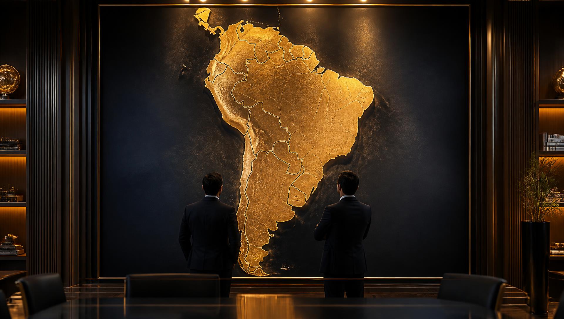 Vista aérea da América do Sul com rotas comerciais douradas conectando o bloco à Europa