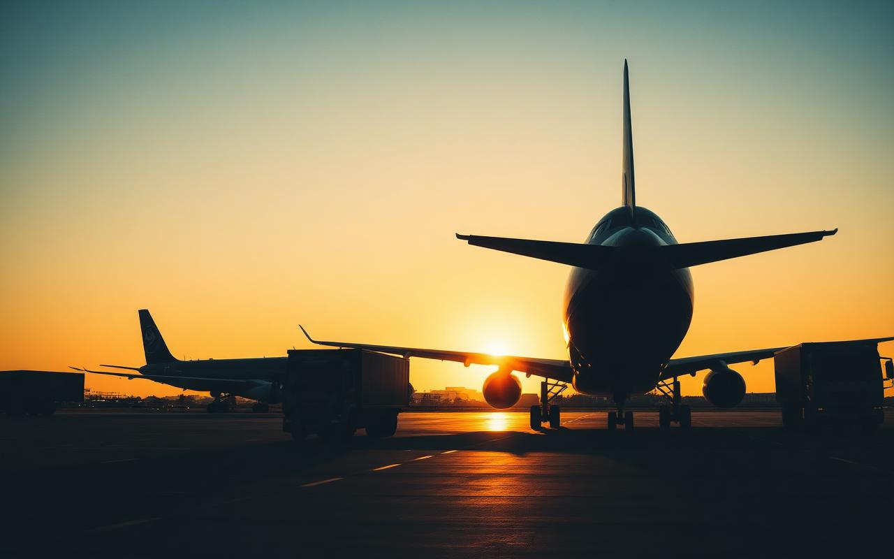 Aeronave cargueira e caminhões em pátio logístico ao entardecer