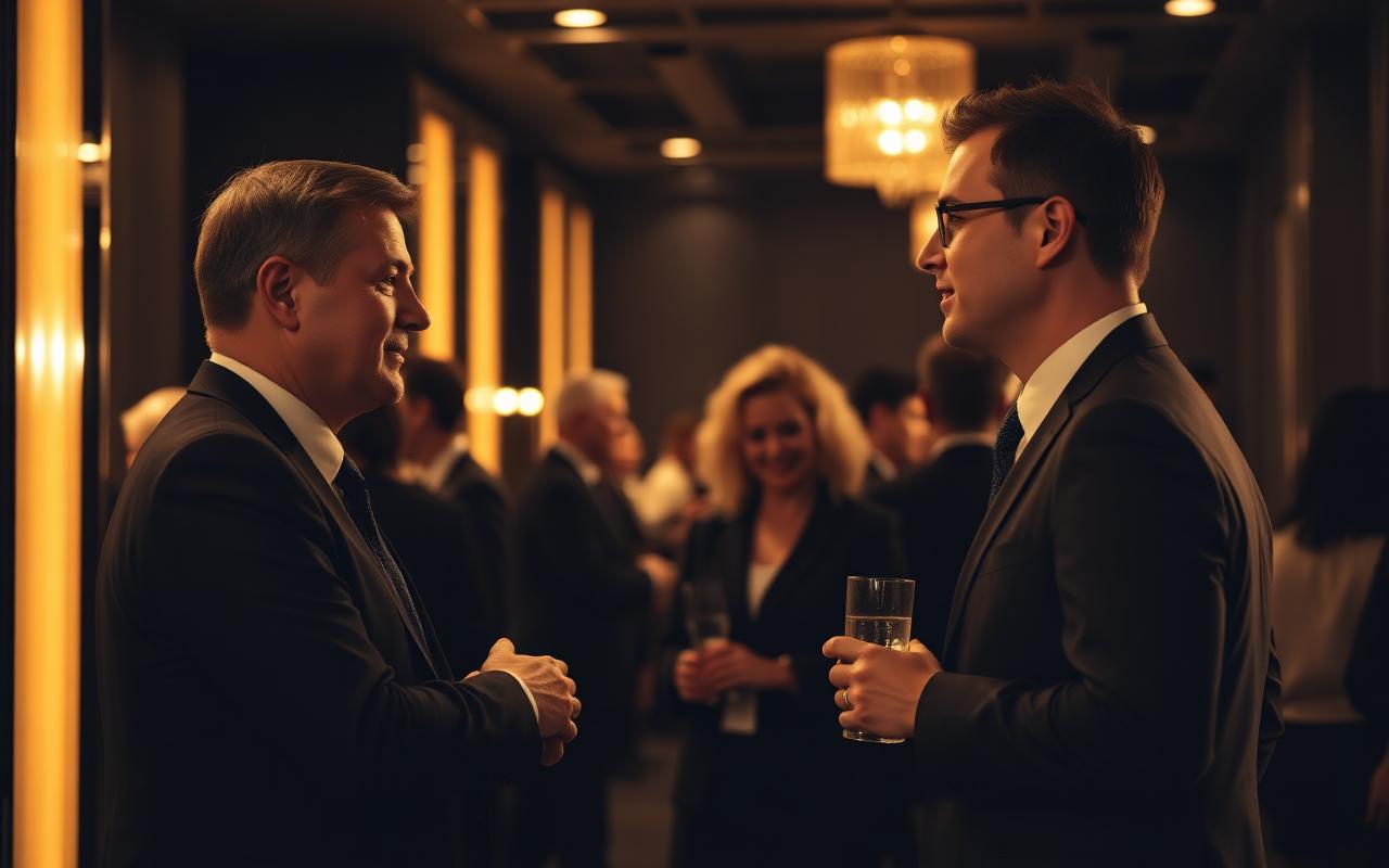Executivos em conversa em uma recepção corporativa elegante