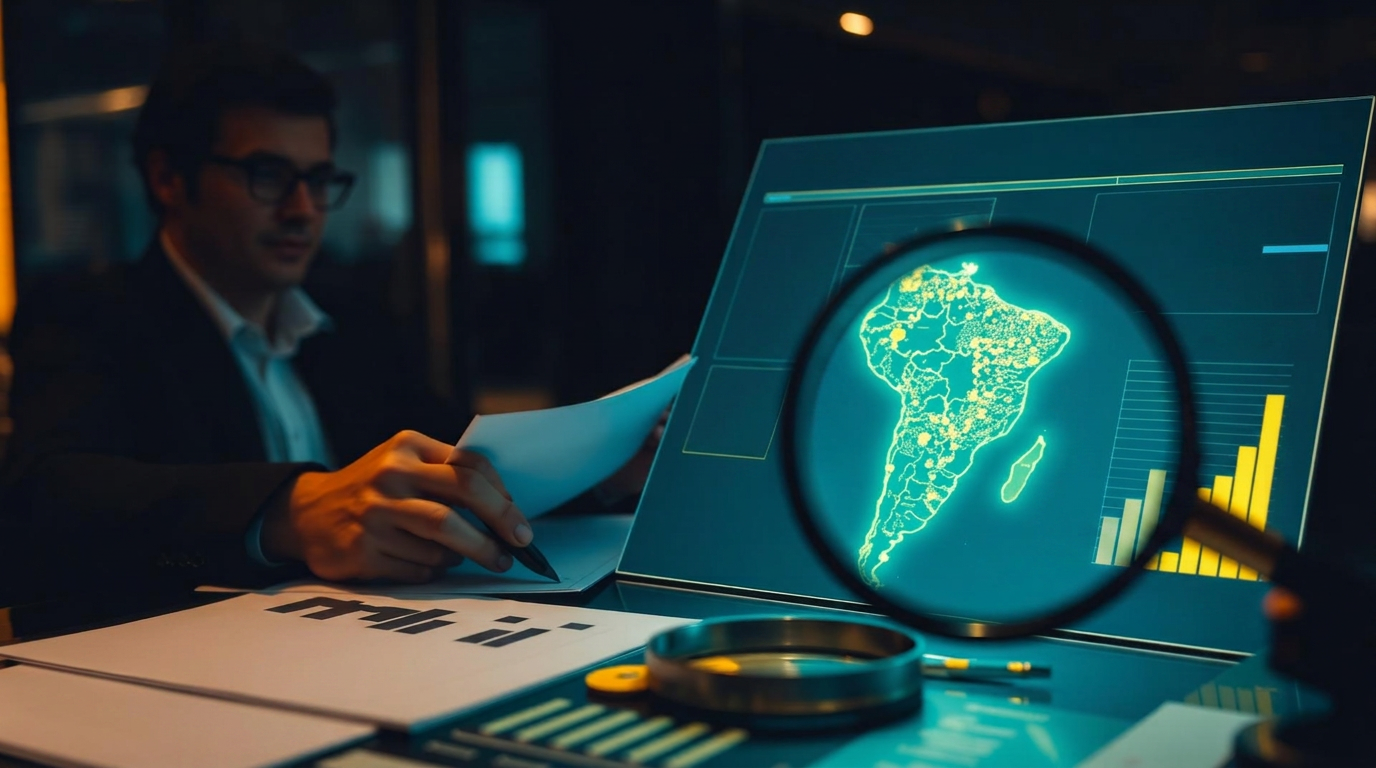 Analyst studying consumer data and a glowing map of Brazil under a magnifying glass