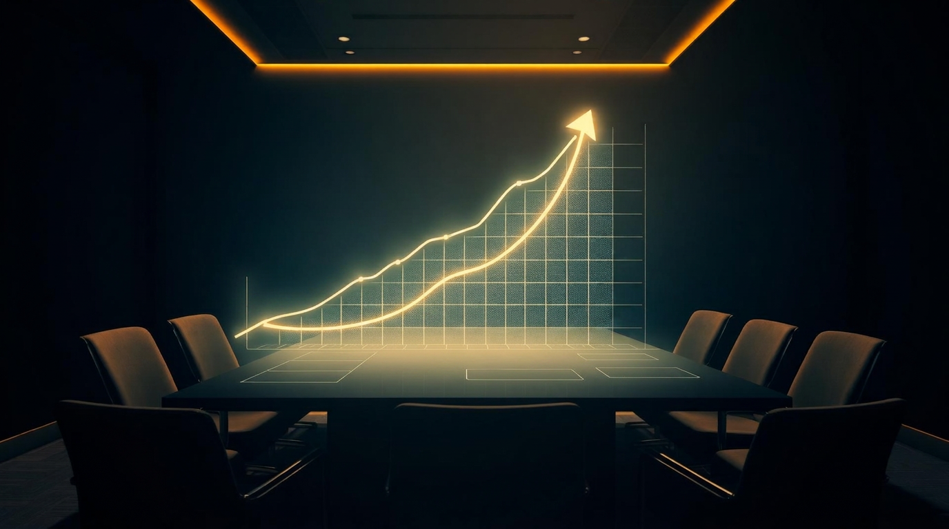 Boardroom with a holographic ascending growth projection curve