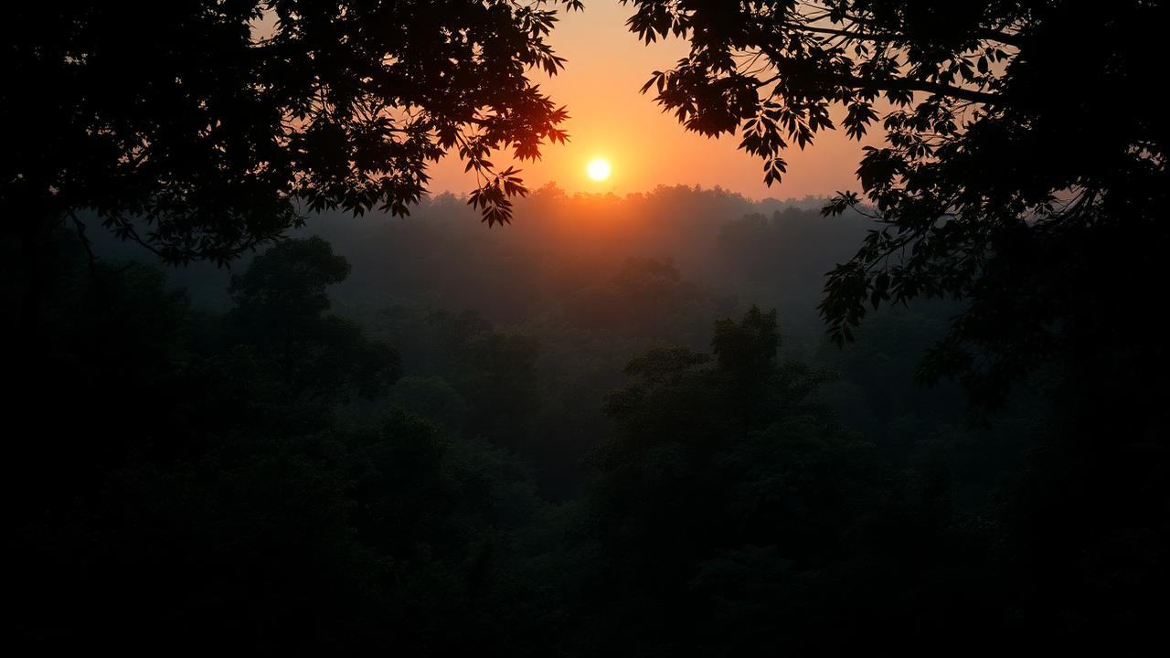 Copa da floresta ao amanhecer com partículas de dados