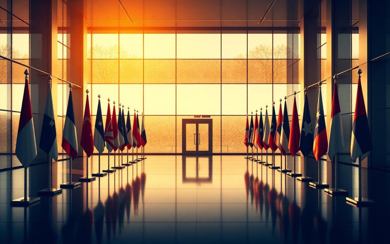 Bandeiras europeias e sul-americanas em ambiente diplomático