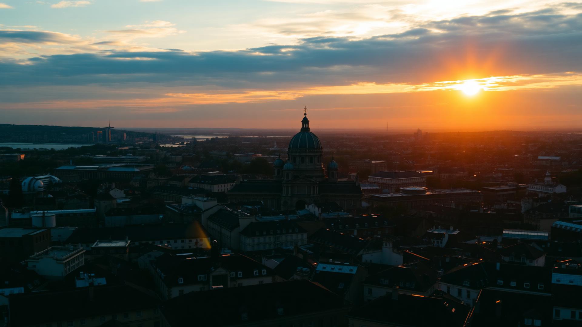 Vista aérea de uma cidade europeia ao amanhecer, com luz dourada sobre a arquitetura histórica