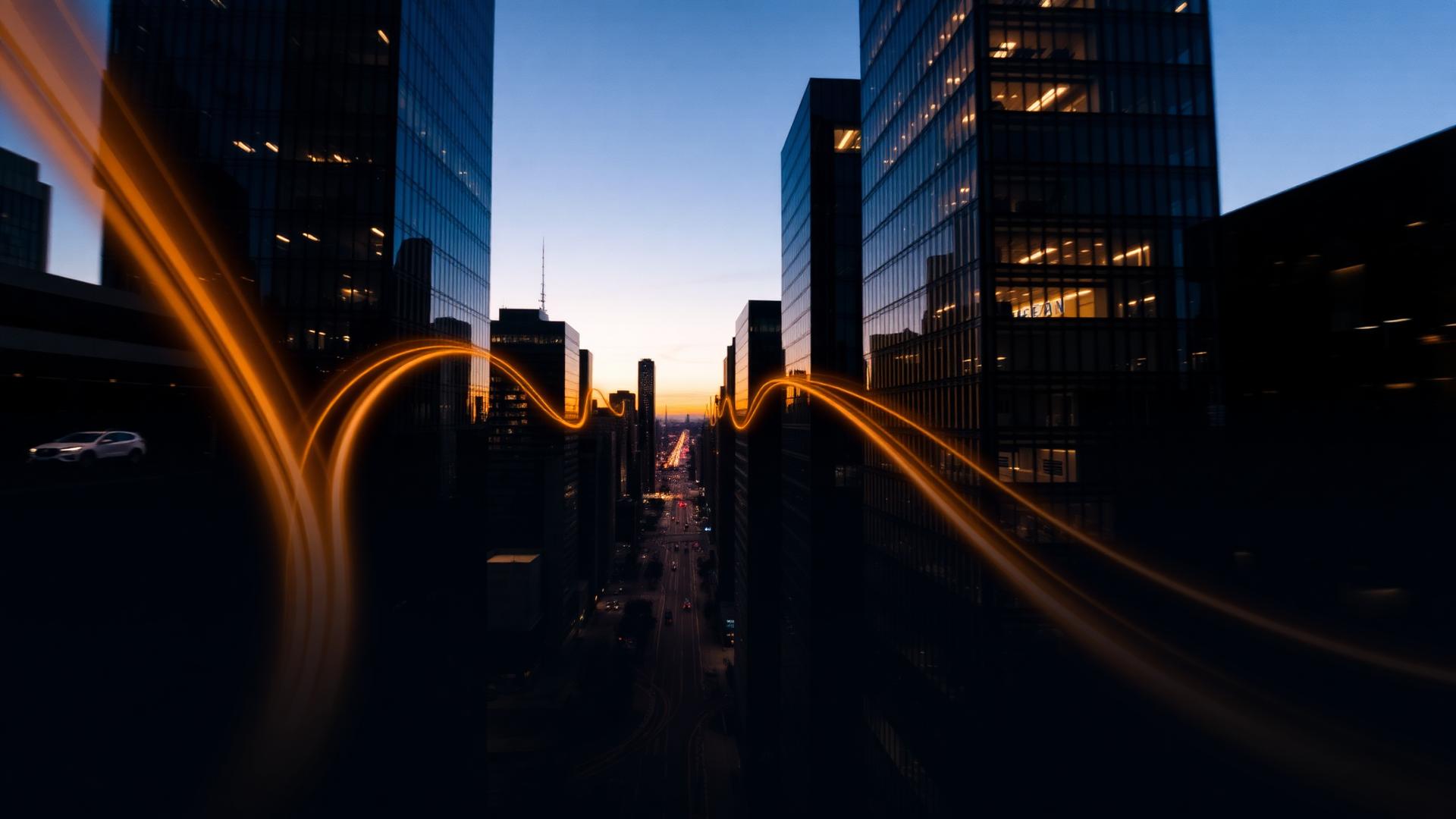 Distrito de negócios europeu ao entardecer, com rastros de luz dourada entre torres de vidro