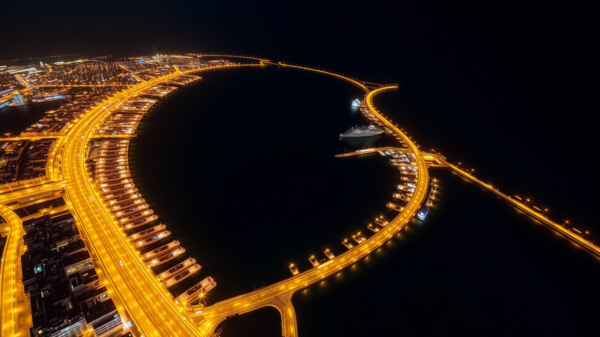 Cidade costeira europeia à noite, com linhas douradas de luz seguindo em direção ao horizonte