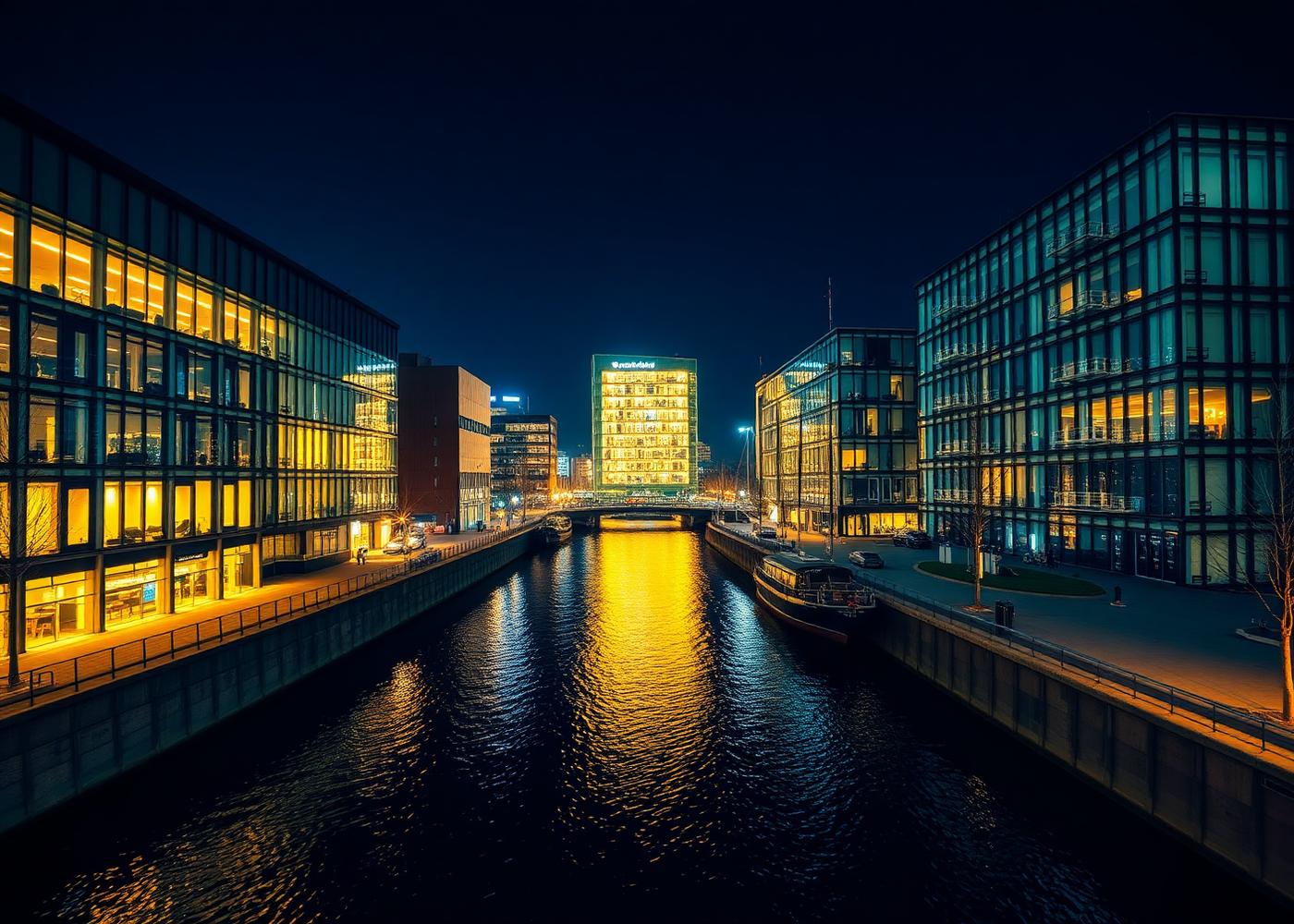 Escritórios de tecnologia iluminados em dourado às margens de um canal de Amsterdã à noite