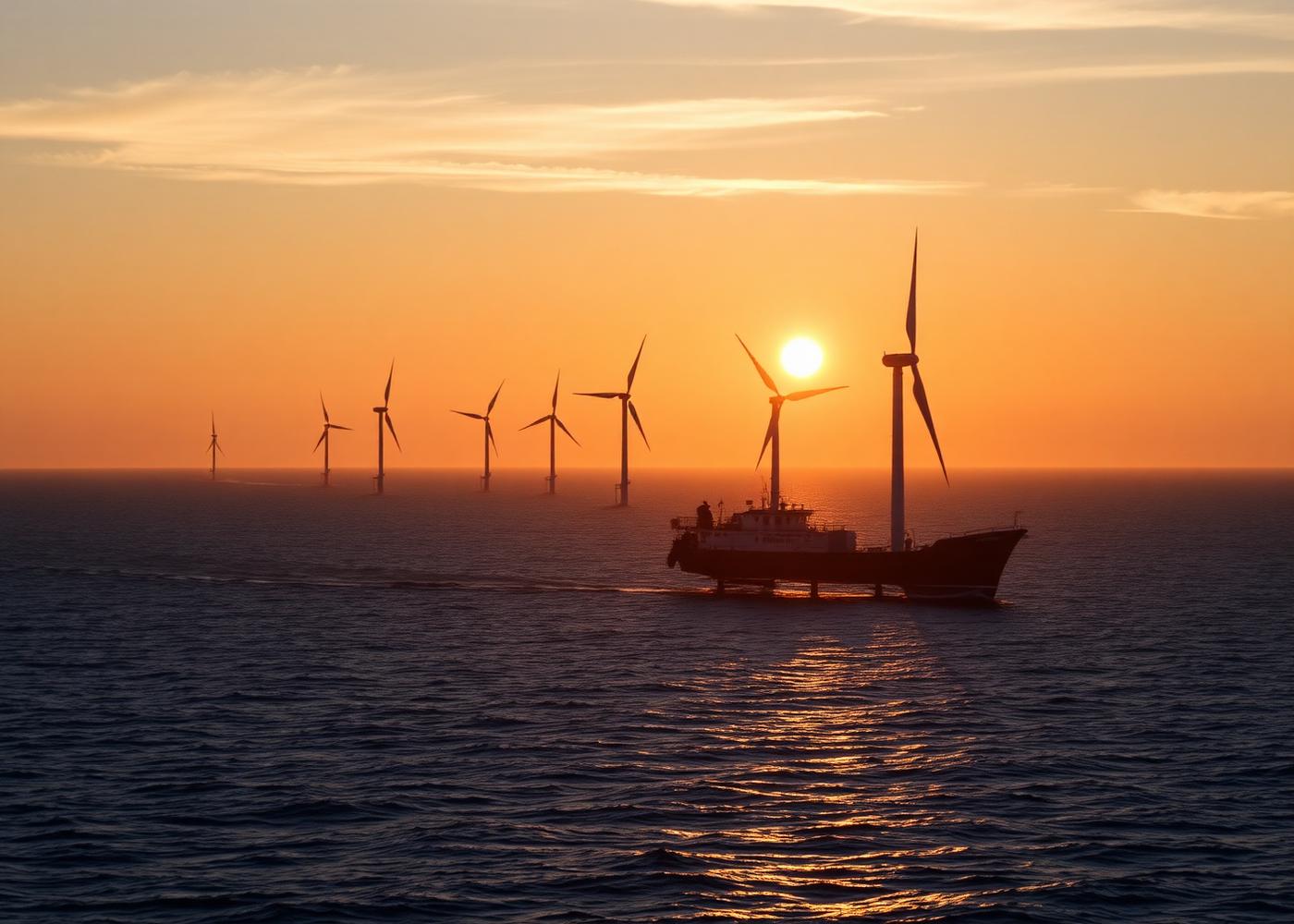 Parque eólico offshore no Mar do Norte ao pôr do sol