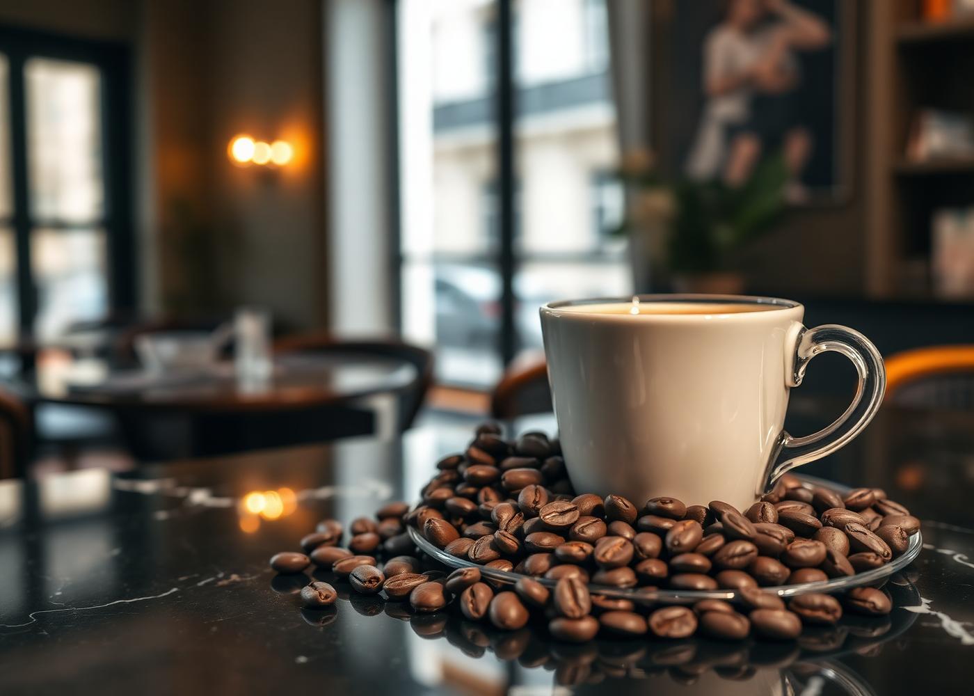 Xícara de café premium e grãos de café brasileiro sobre mármore escuro em uma cafeteria em Paris