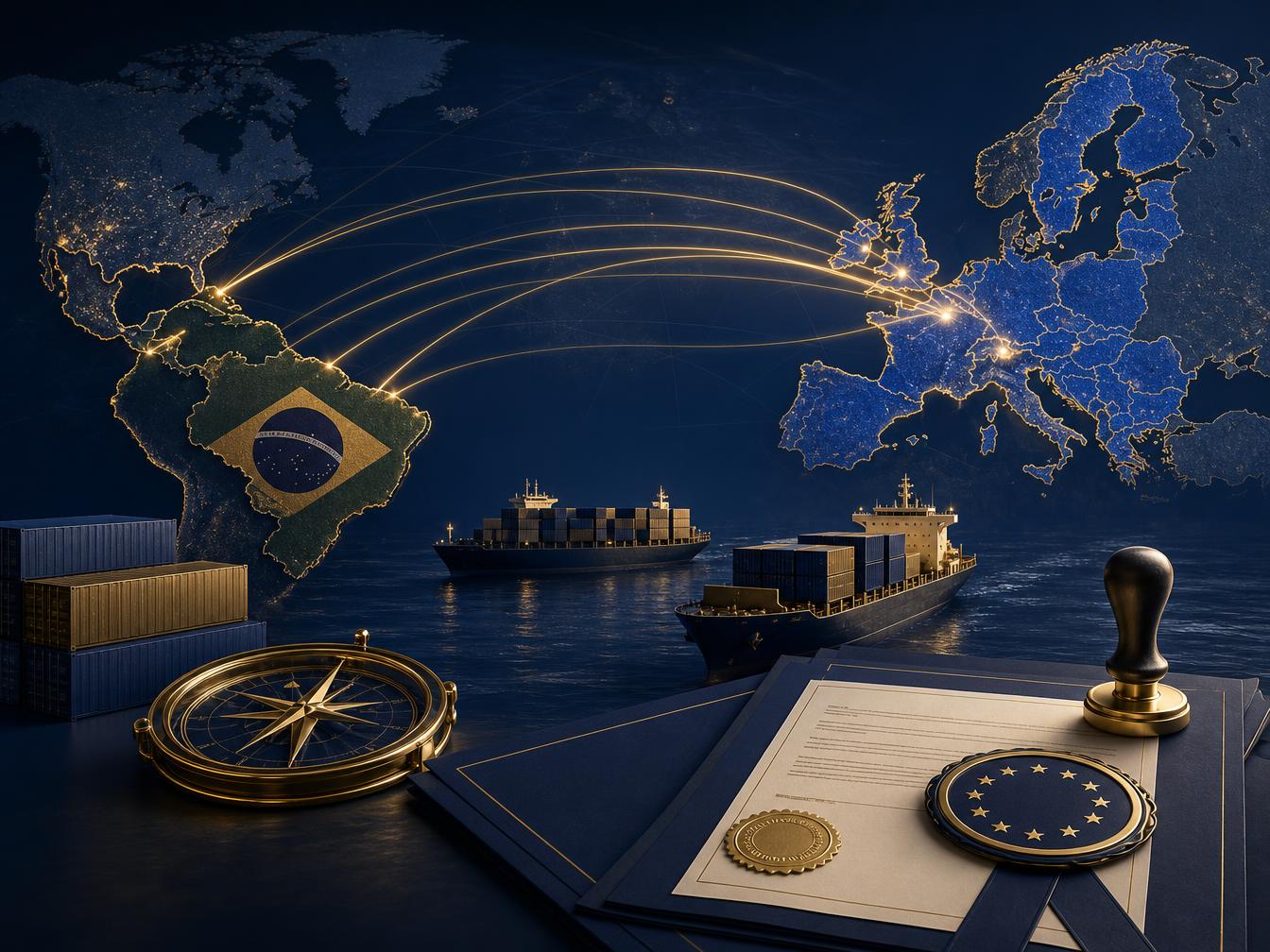 Mapa estilizado conectando Brasil e Europa com linhas douradas de comércio, navios e documentos oficiais