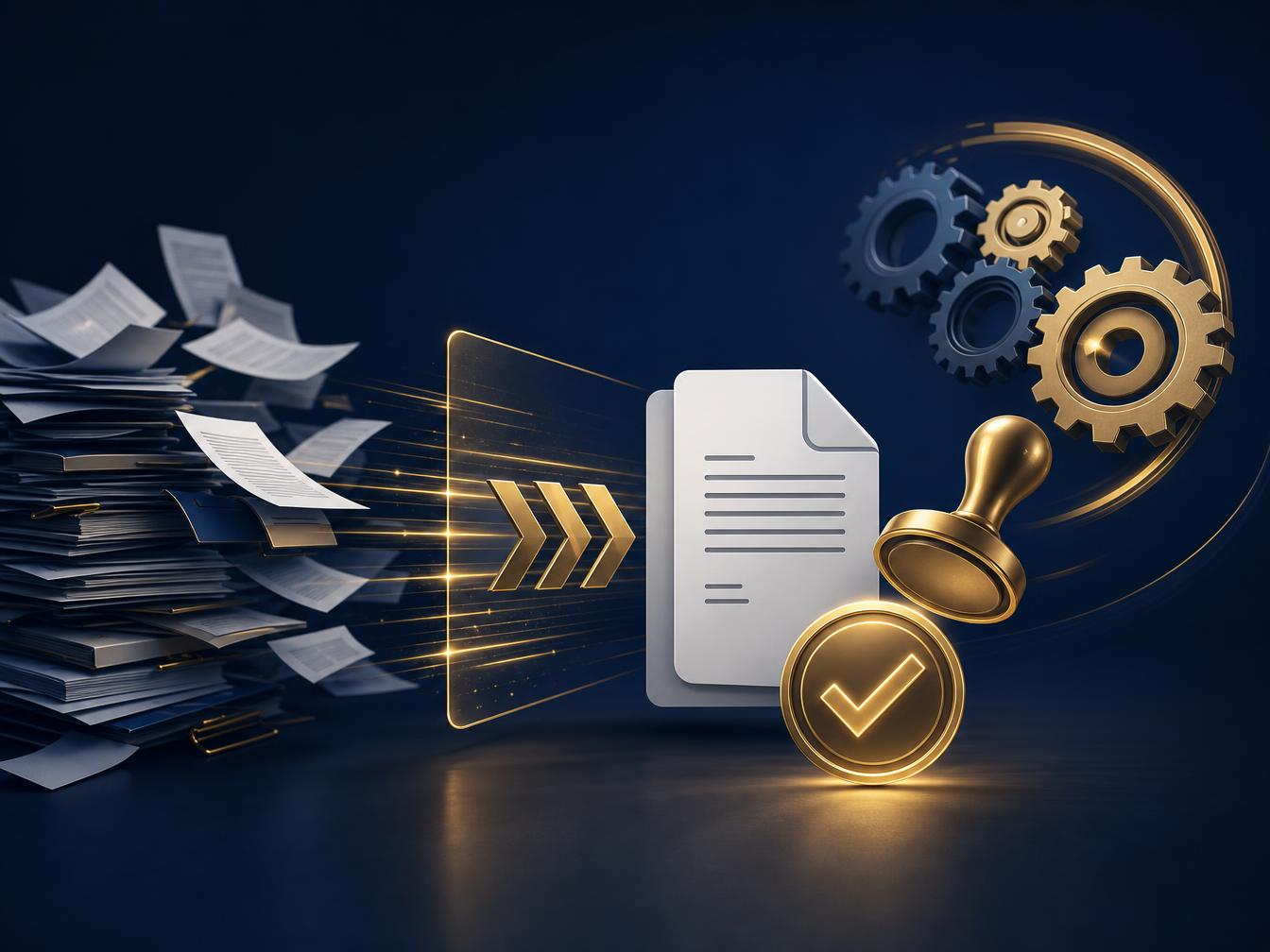 Documentos sendo simplificados, carimbo de aprovação e engrenagens em harmonia representando agilidade