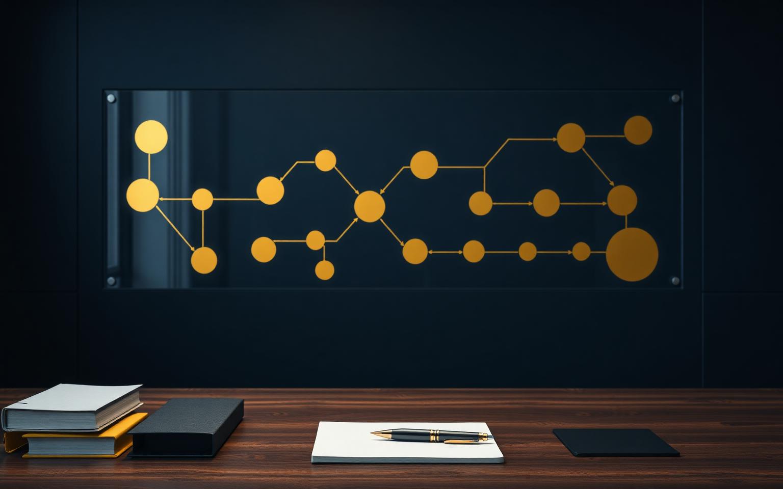 Workspace elegante com fluxograma dourado sobre painel de vidro