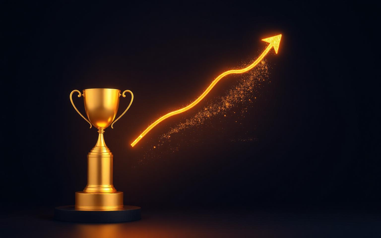 Troféu dourado com seta ascendente brilhante simbolizando sucesso