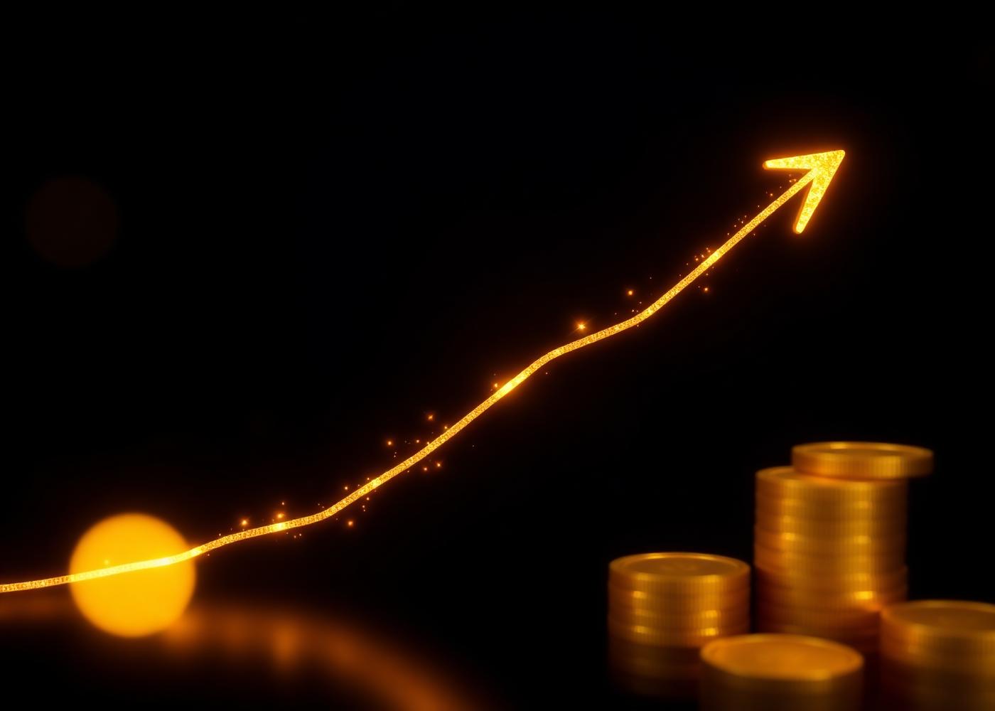 Curva ascendente de luz dourada ao lado de pilhas de moedas