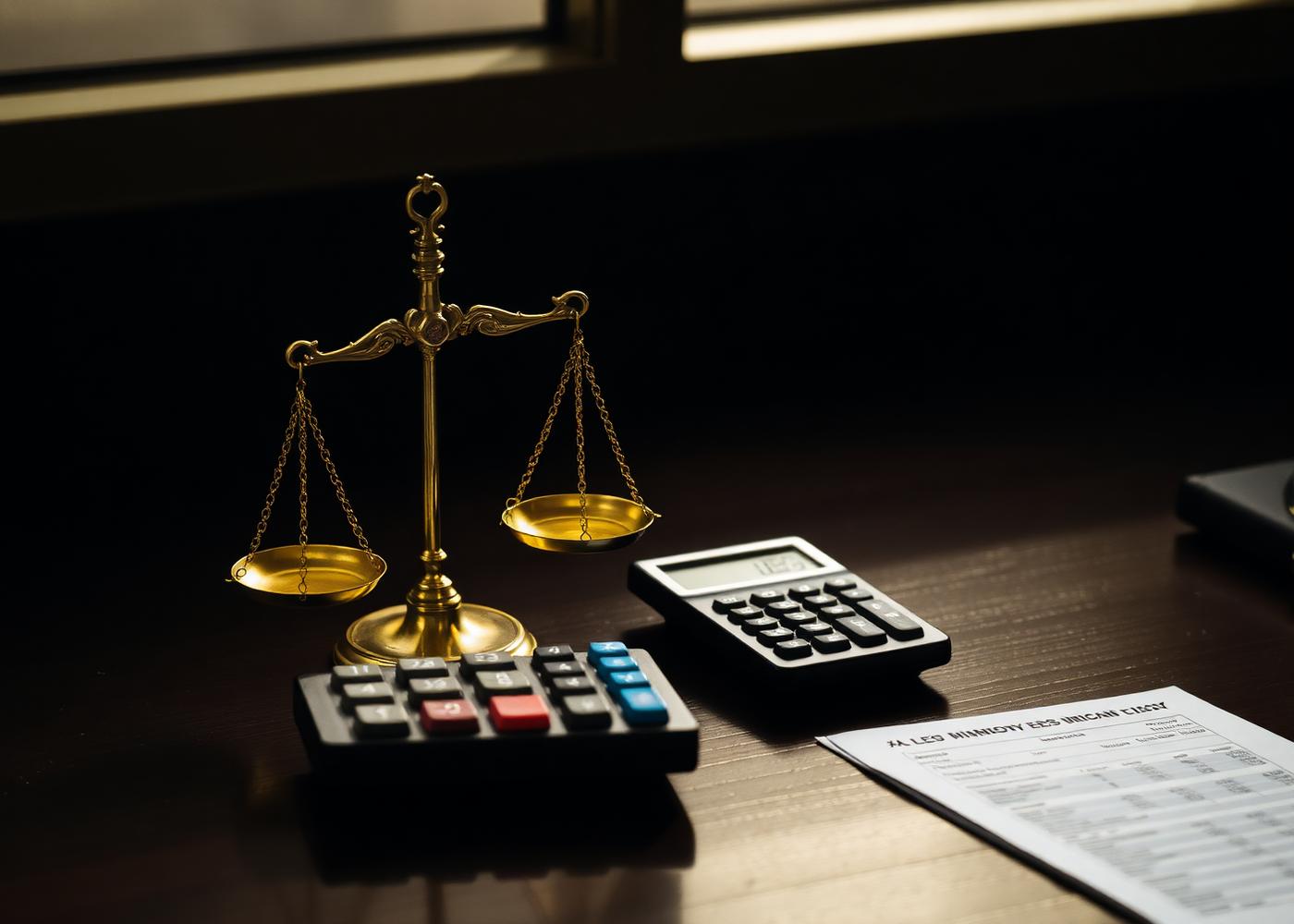Balança dourada da justiça ao lado de uma calculadora sobre mesa escura