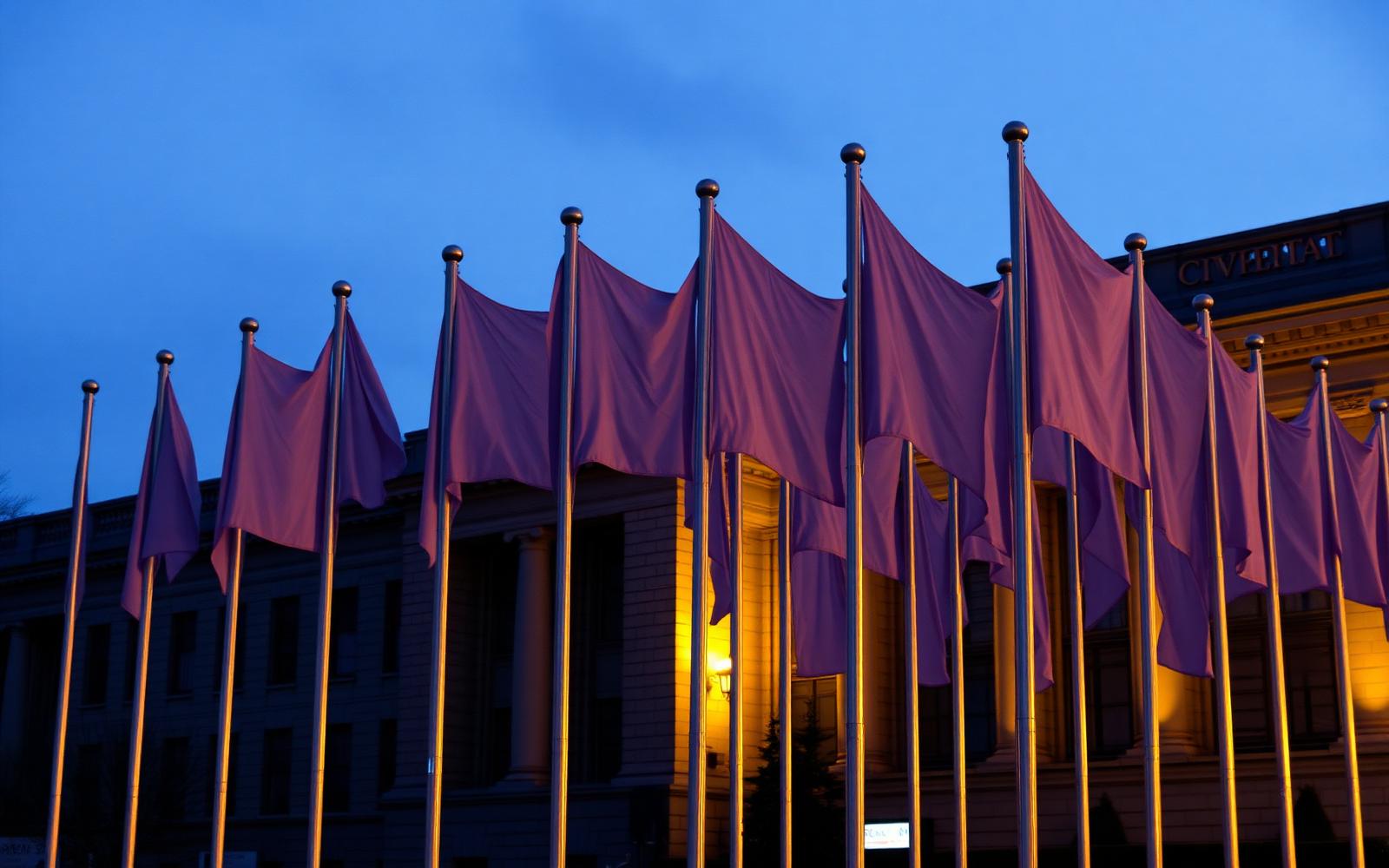 Mastros de bandeiras diante de um edifício governamental ao anoitecer