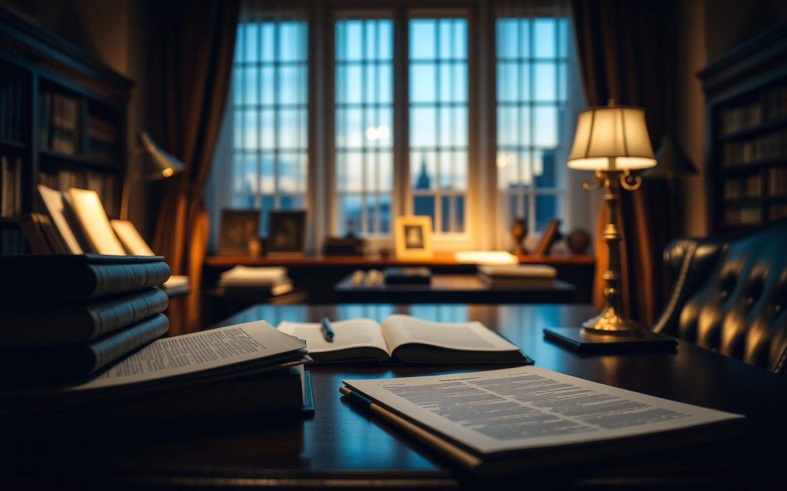 Escritório jurídico elegante ao anoitecer com livros e luminária de latão