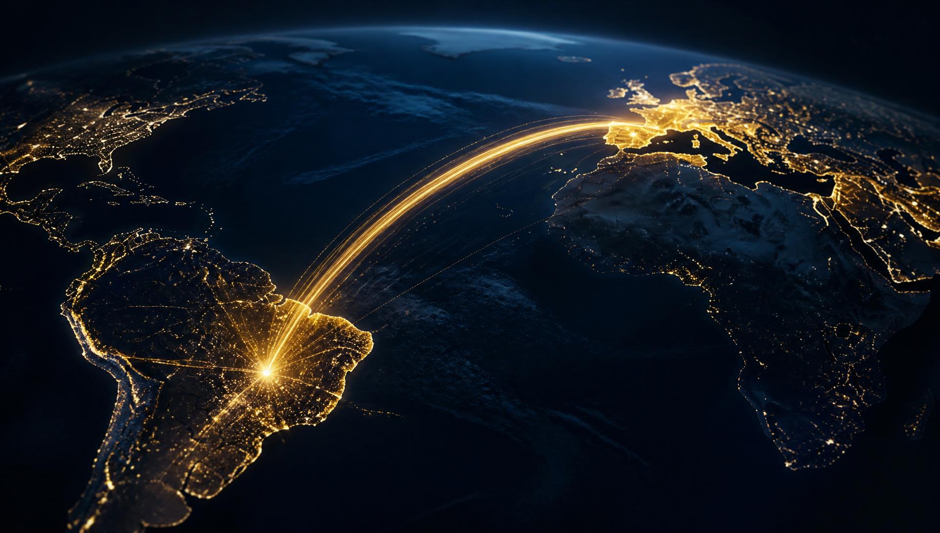 Arco de luz dourada conectando o Brasil à Europa sobre a Terra vista do espaço à noite