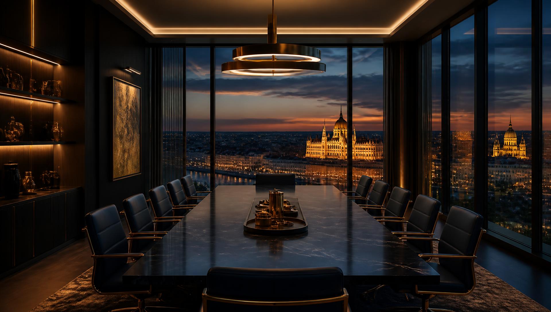 Sala de reuniões premium ao anoitecer com vista para uma cidade europeia iluminada em dourado