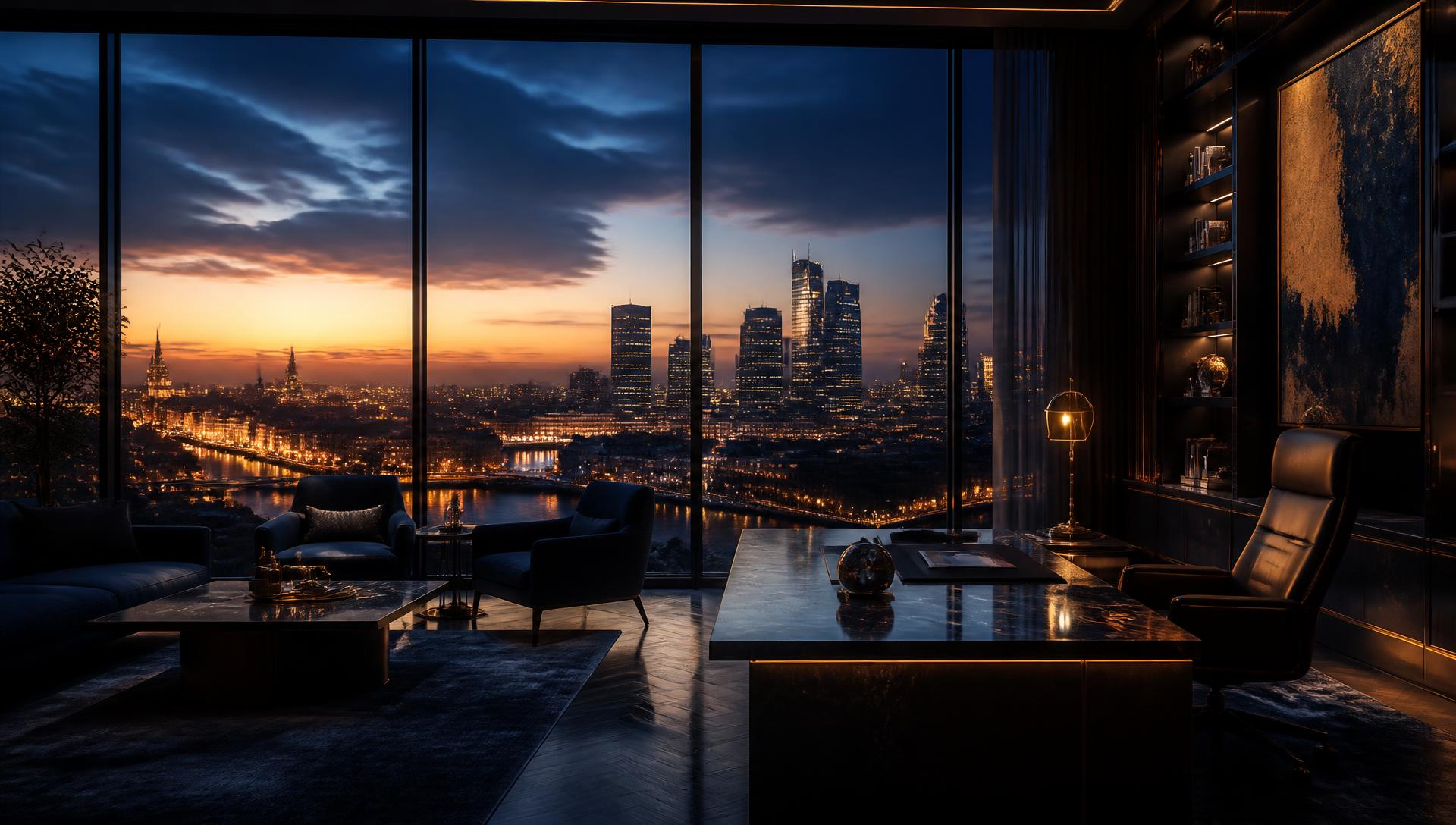 Escritório executivo premium com vista para uma cidade europeia em luz dourada