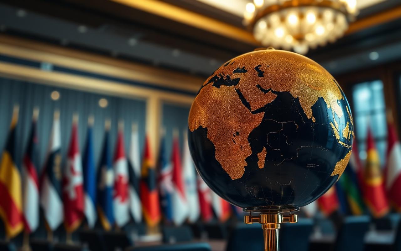Globo dourado em um salão diplomático com bandeiras internacionais